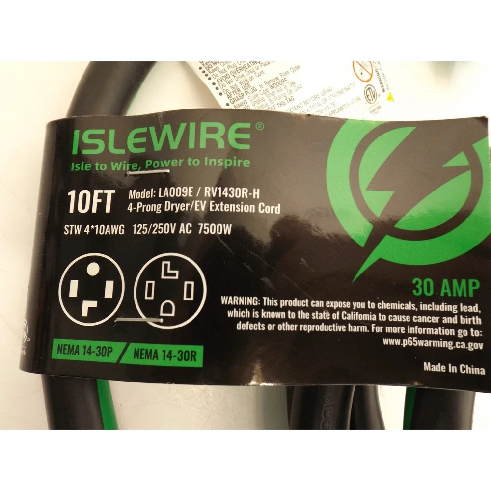 ISLEWIRE 4 Prong Dryer/EV Extension Cord 10 Ft, 30 Amp NEMA 14-30P to 14-30R 125